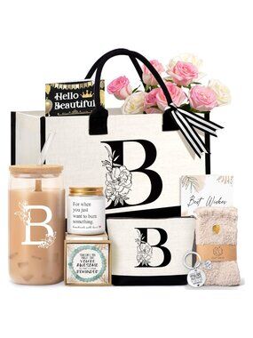 Monogrammed Canvas Tote Bag Cosmetic Cup Candle Gift Set for Women Initial